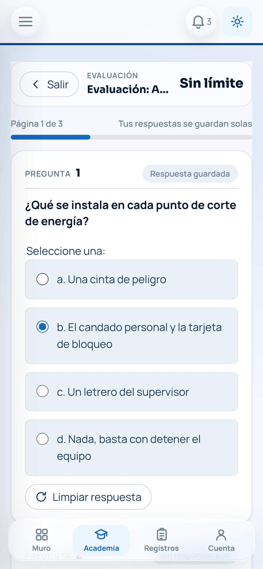 Evaluación en curso con preguntas