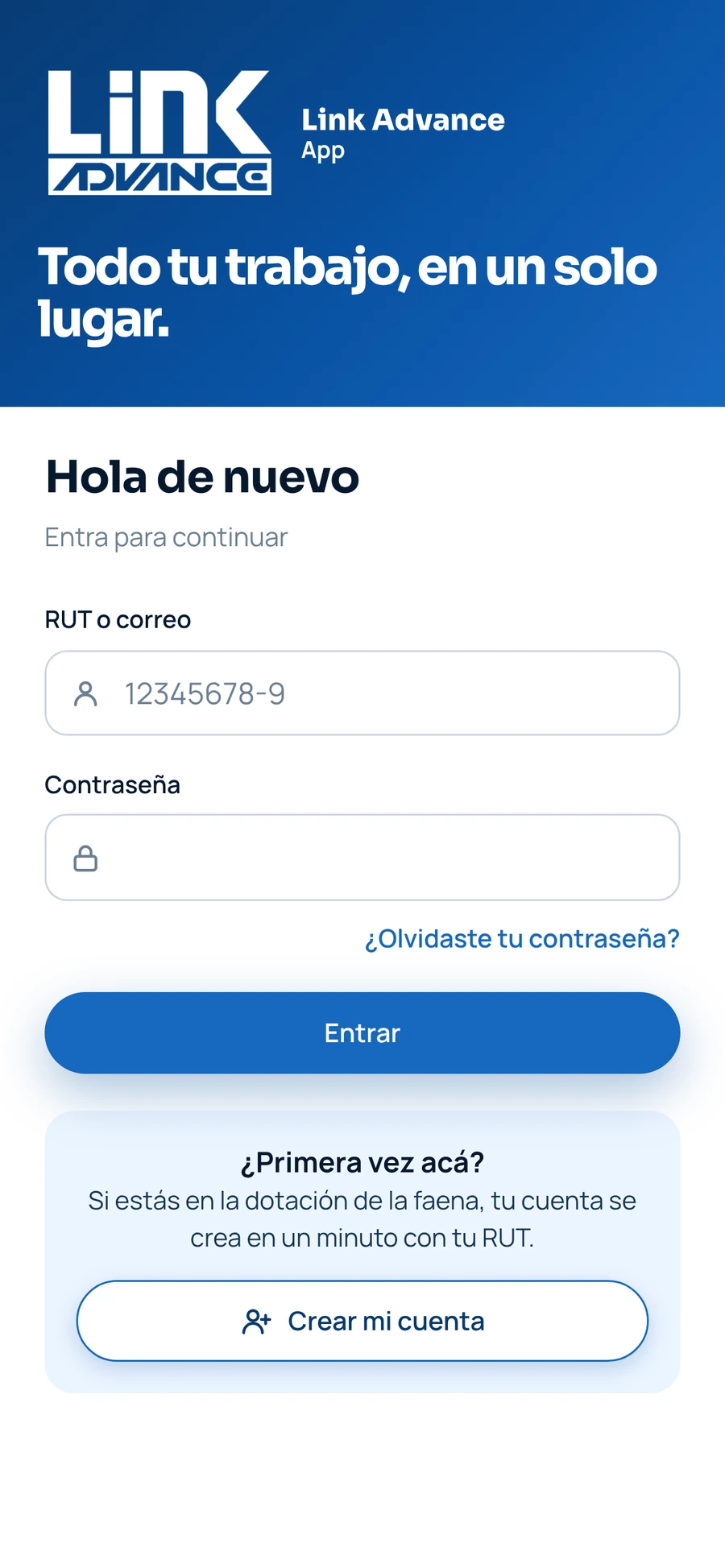 Pantalla de ingreso con el botón Crear mi cuenta