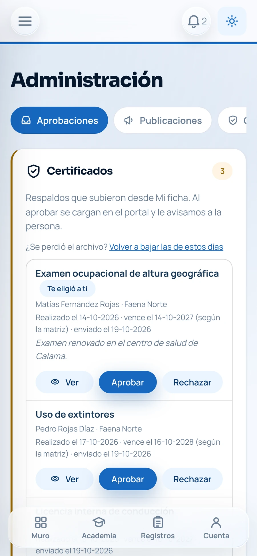 Bandeja de aprobaciones con certificados