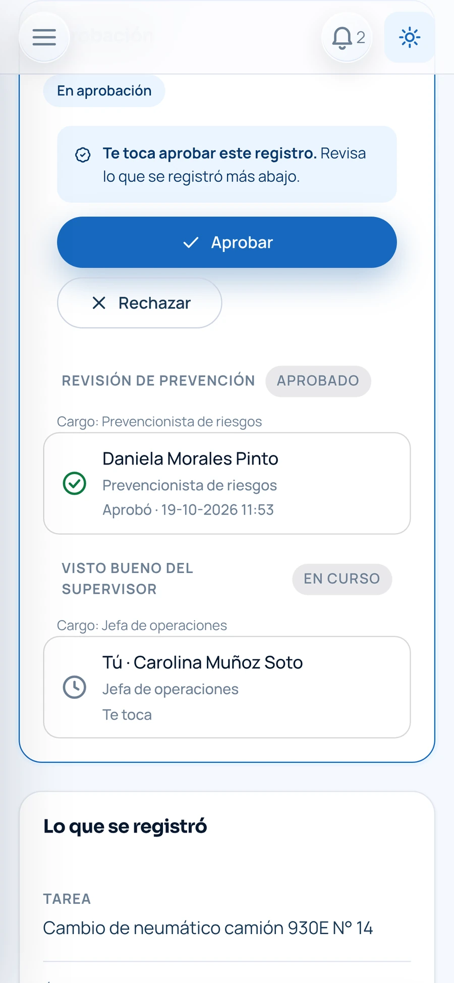 Registro AST por aprobar con los pasos del flujo