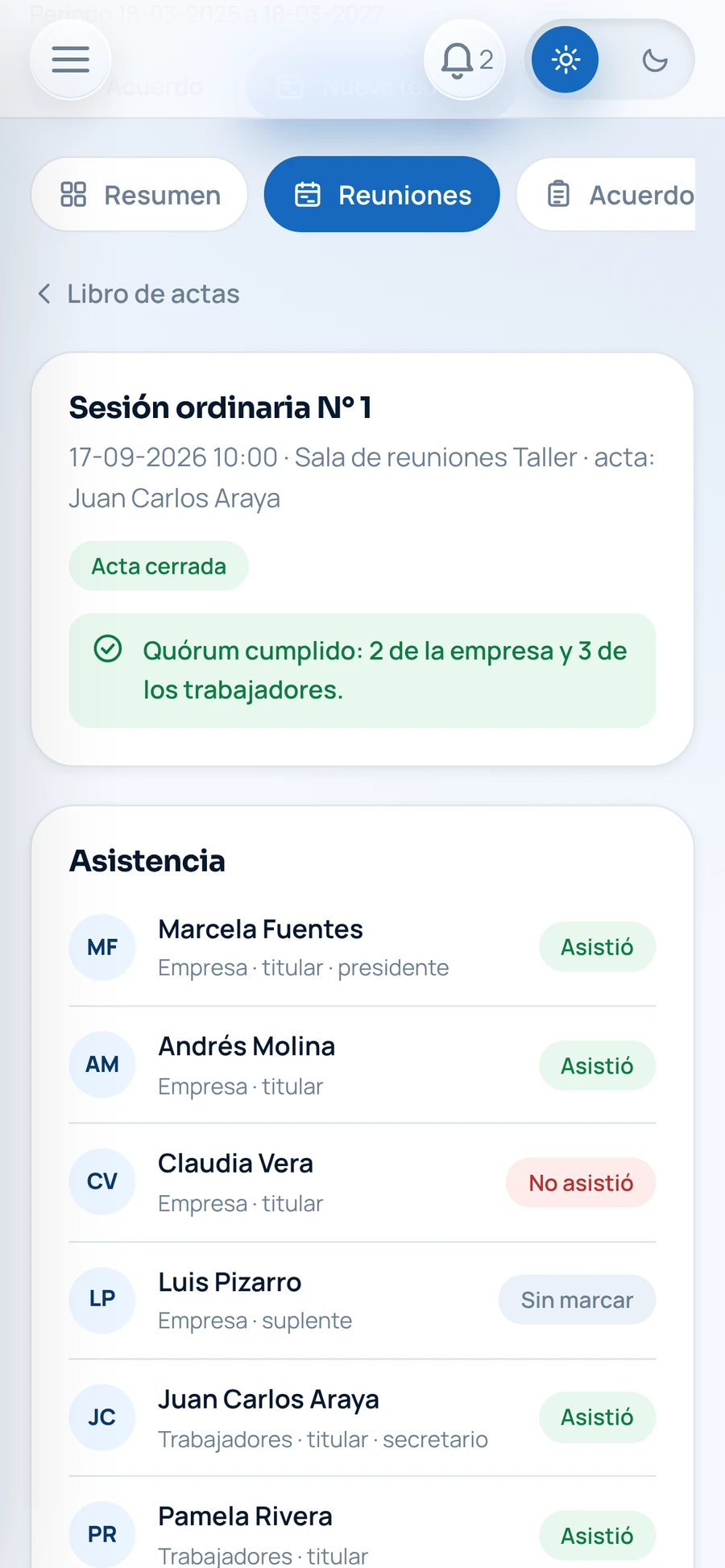 Sesión con quórum y asistencia