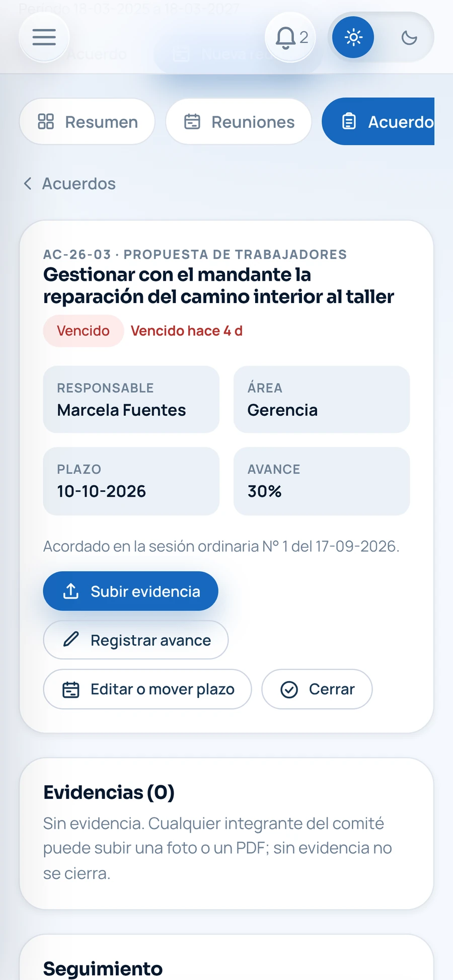 Detalle de un acuerdo con responsable y plazo