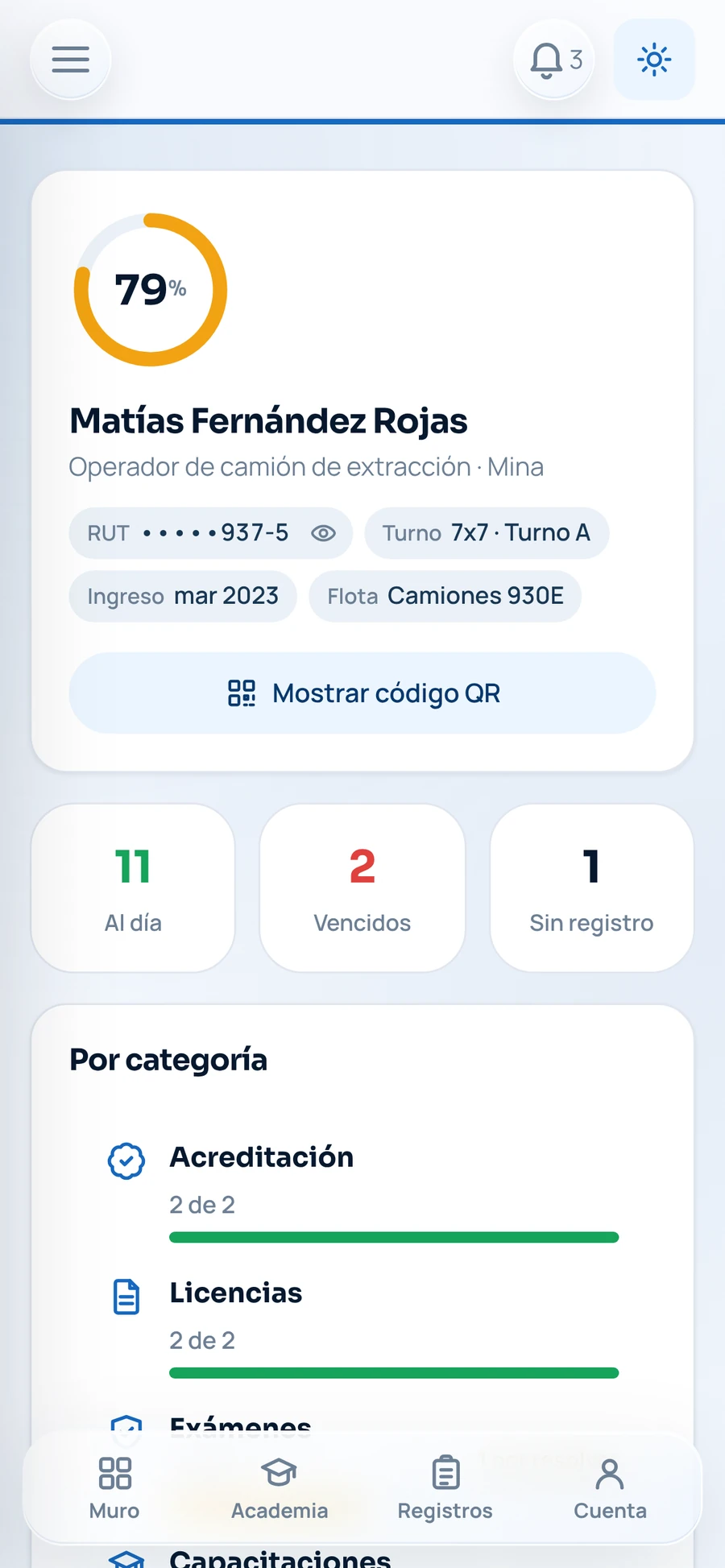 Mi ficha: 79 % al día, con requisitos vigentes, vencidos y sin registro por categoría
