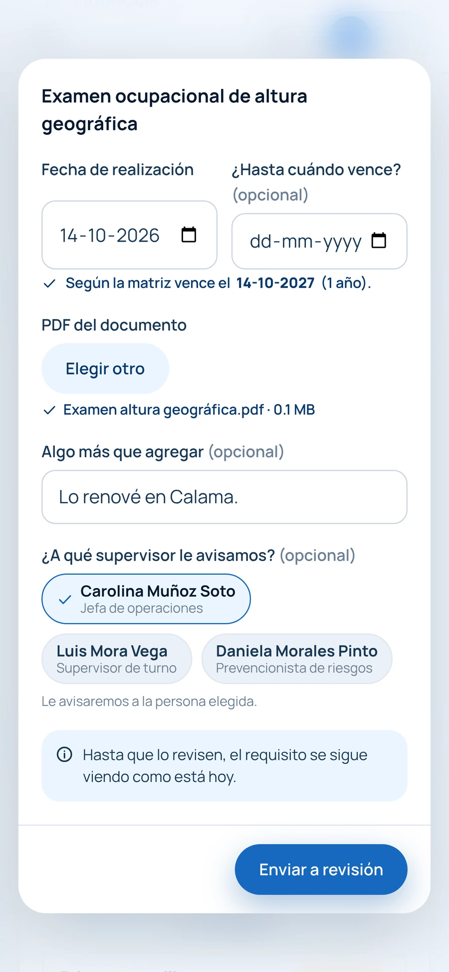 Actualizar requisito: fecha de realización, vencimiento calculado, archivo y supervisor