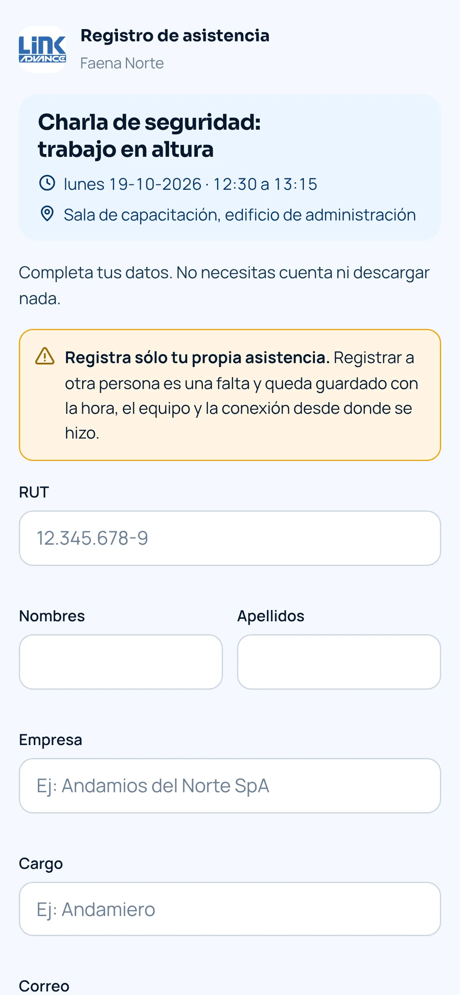Página pública de registro de asistencia, sin cuenta